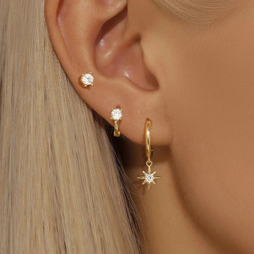 3 Piece Fashion Stainless Steel Round Star Drop Earrings Set for Women 18K Gold Plated Dangle Earring Punk Unisex Rock Jewelry Econic Blanks
